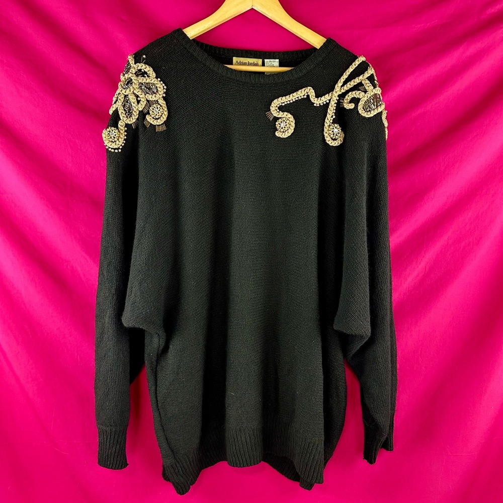 Vintage 80s Beaded Rhinestone Sweater Black Gold Angora Silk Wool NYE Plus 26/28